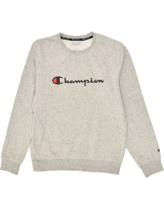 CHAMPION Mens Graphic Sweatshirt Jumper Medium Grey Cotton Hoodie with Hood Adjustable Protection