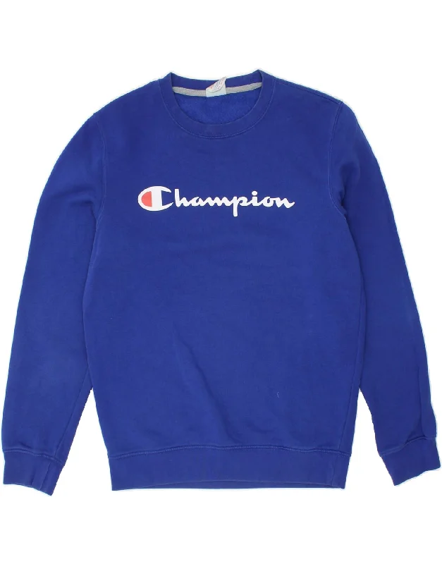 CHAMPION Mens Graphic Sweatshirt Jumper Small Blue Cotton Hoodie with Half-Zip Sporty Casual