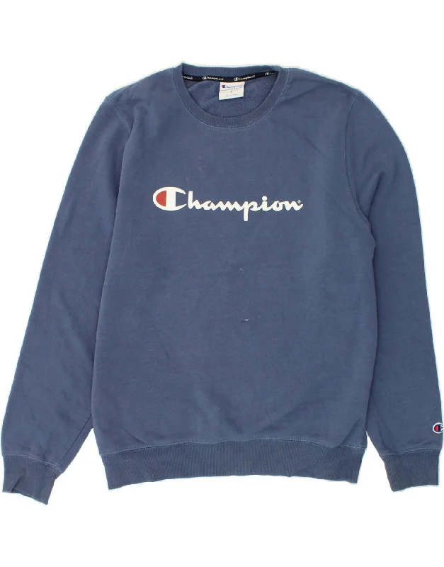 CHAMPION Mens Graphic Sweatshirt Jumper XL Navy Blue Cotton Hoodie with Pocket Utility Practical