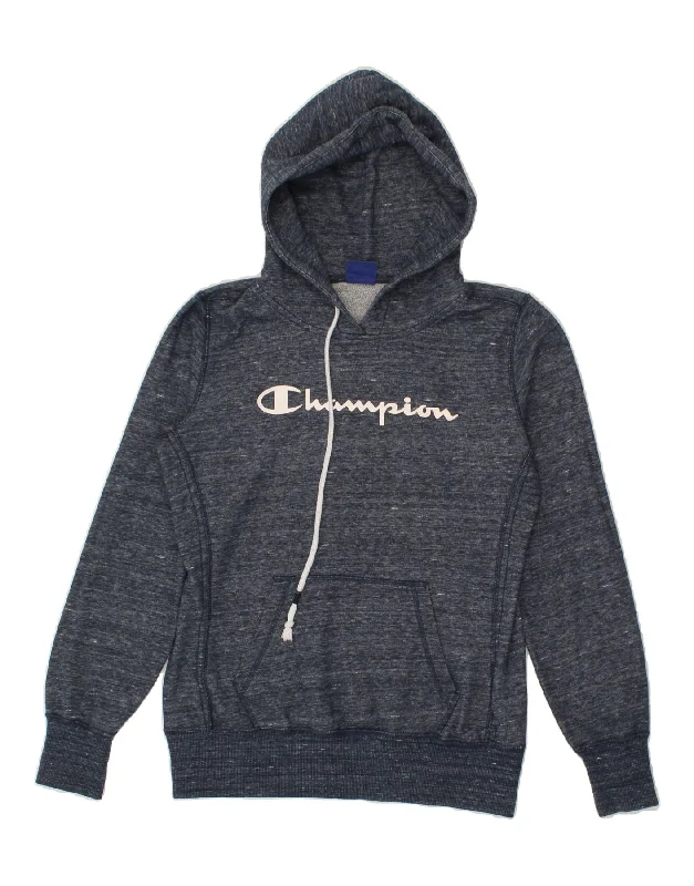 CHAMPION Womens Graphic Hoodie Jumper UK 16 Large Navy Blue Pinstripe Hoodie with Tie-Dye Psychedelic Retro