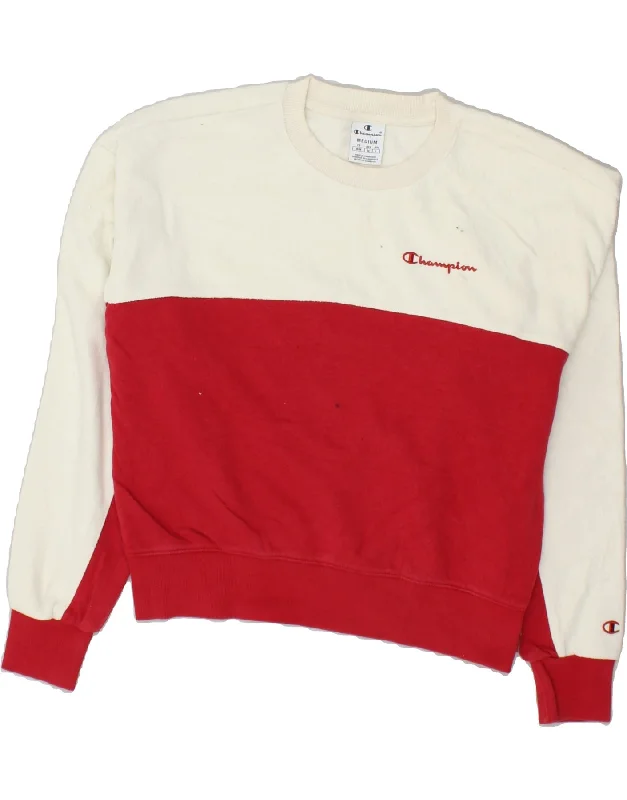 CHAMPION Womens Graphic Sweatshirt Jumper UK 14 Medium Red Colourblock Hoodie with Hem Applique Textured Unique