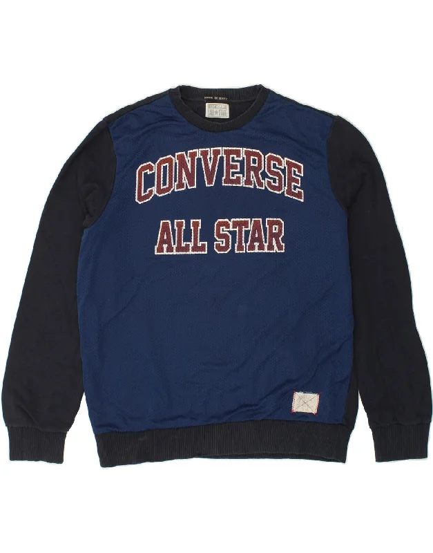 CONVERSE Mens Graphic Sweatshirt Jumper Large Navy Blue Colourblock Hoodie with Belted Waist Structured Tailored