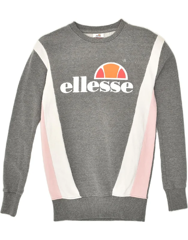 ELLESSE Womens Loose Fit Graphic Sweatshirt Jumper UK 4 XS Grey Hoodie with Monochrome Minimalist Simple