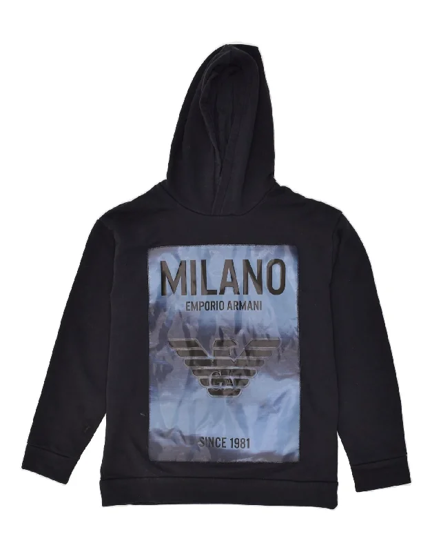 EMPORIO ARMANI Boys Milano Graphic Hoodie Jumper 13-14 Years Black Cotton Hoodie with Batwing Sleeves Loose Dramatic