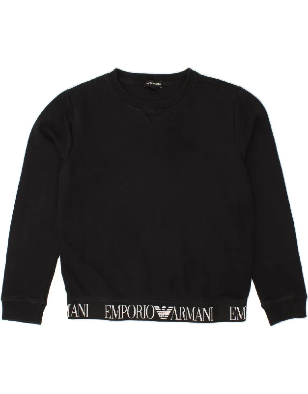 EMPORIO ARMANI Womens Crop Graphic Sweatshirt Jumper IT 42 Medium Black Hoodie with Slit Hem Functional Movement