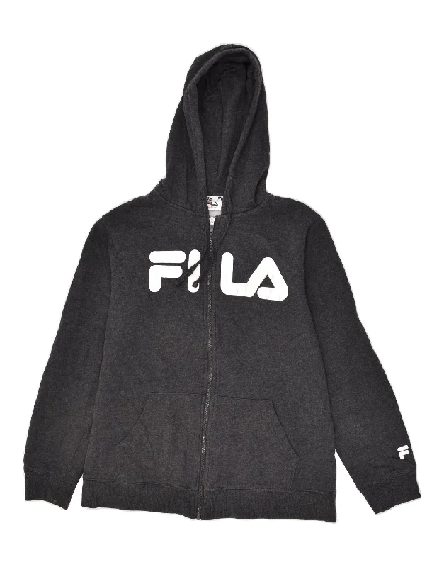 FILA Boys Graphic Zip Hoodie Sweater 13-14 Years Grey Cotton Hoodie with Color Block Contrast Stylish