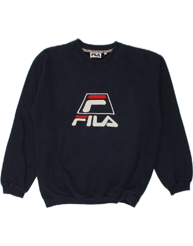 FILA Mens Graphic Sweatshirt Jumper Large Navy Blue Cotton Hoodie with Ribbed Cuffs Snug Fit Comfort