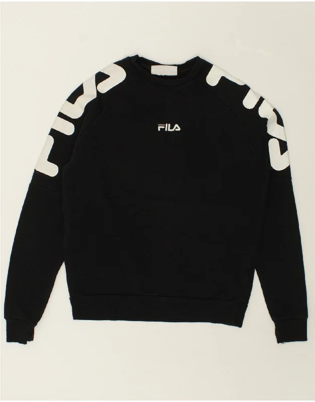 FILA Mens Graphic Sweatshirt Jumper XS Black Cotton Hoodie with Neon Bright Vibrant