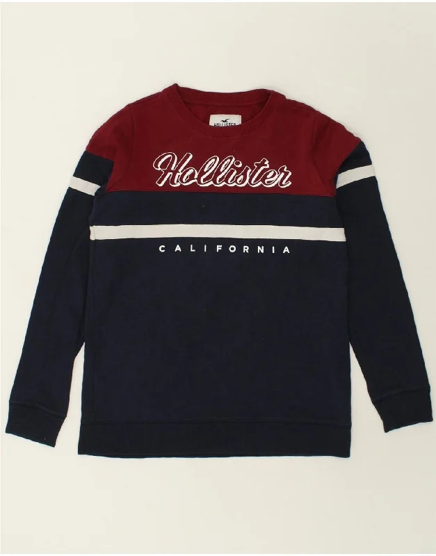 HOLLISTER Mens Graphic Sweatshirt Jumper Small Navy Blue Colourblock Hoodie with Toggle Buttons Decorative Unique