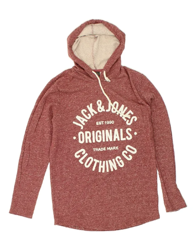 JACK & JONES Mens Graphic Hoodie Jumper Medium Maroon Flecked Cotton Graphic Hoodie Design Print