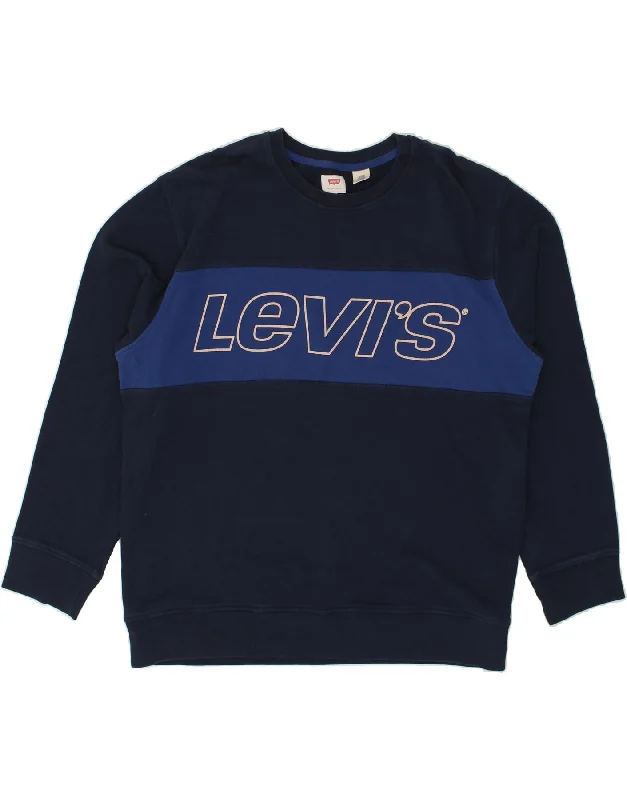 LEVI'S Mens Graphic Sweatshirt Jumper 2XL Navy Blue Cotton Hoodie with Button Classic Timeless