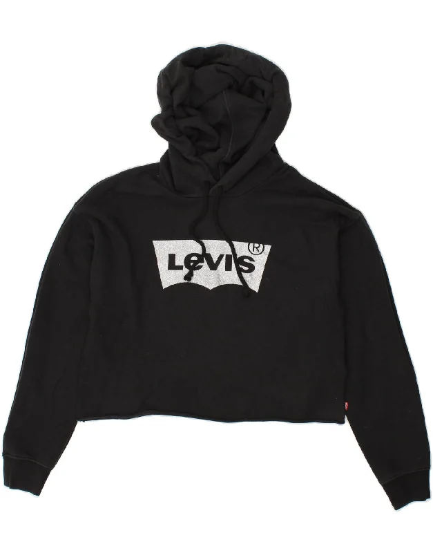 LEVI'S Womens Crop Hoodie Jumper UK 6 XS Black Cotton Hoodie with Hem Contrast Bold Stylish