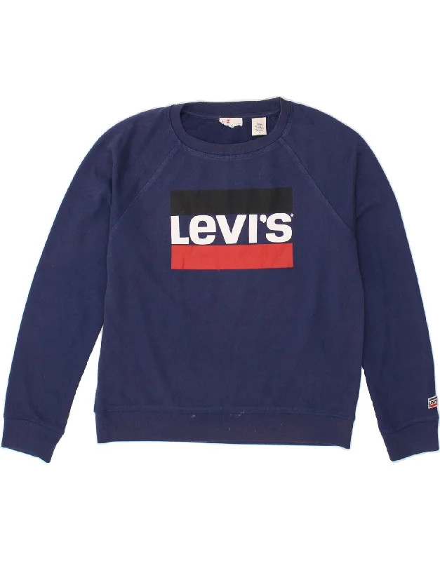 LEVI'S Womens Graphic Sweatshirt Jumper UK 14 Medium Navy Blue Cotton Hoodie with Typography Text Message