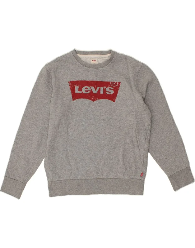 LEVI'S Womens Oversized Graphic Sweatshirt Jumper UK 10 Small Grey Cotton Hoodie with Ribbed Neckline Snug Warm