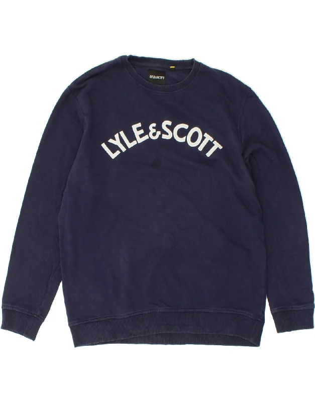 LYLE & SCOTT Mens Graphic Sweatshirt Jumper Large Blue Cotton Hooded Sweatshirt Casual Wear Street Style