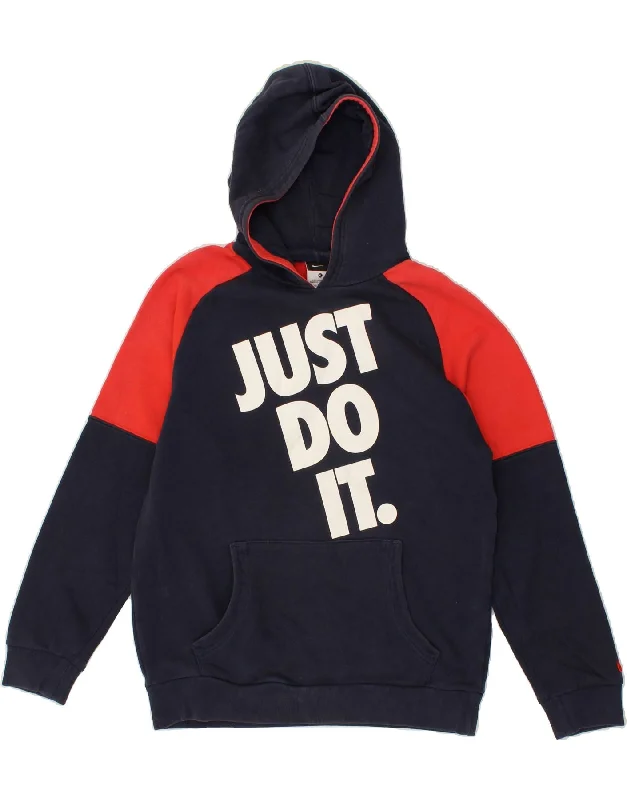 NIKE Boys Graphic Hoodie Jumper 13-14 Years XL Navy Blue Colourblock Hoodie with Hem Contrast Bold Stylish