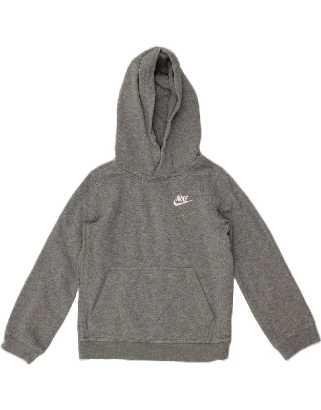 NIKE Boys Hoodie Jumper 8-9 Years Small Grey Cotton Hoodie with Hem Embroidery Detailed Premium