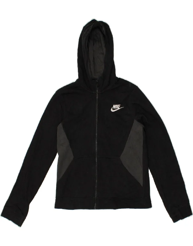 NIKE Boys Zip Hoodie Sweater 12-13 Years Large Black Colourblock Cotton Hoodie with Hem Contrast Bold Stylish