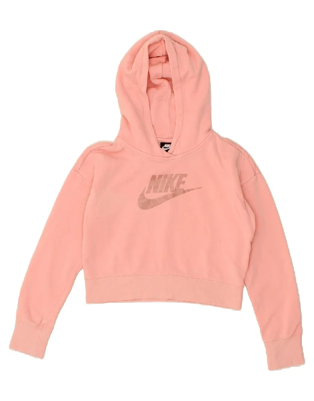 NIKE Girls Crop Graphic Hoodie Jumper 12-13 Years Large Pink Cotton Hoodie with Hem Embroidery Detailed Premium