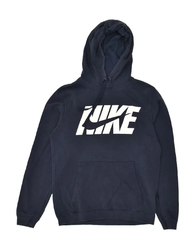 NIKE Mens Graphic Hoodie Jumper Small Navy Blue Cotton Hoodie with Batwing Sleeves Loose Dramatic