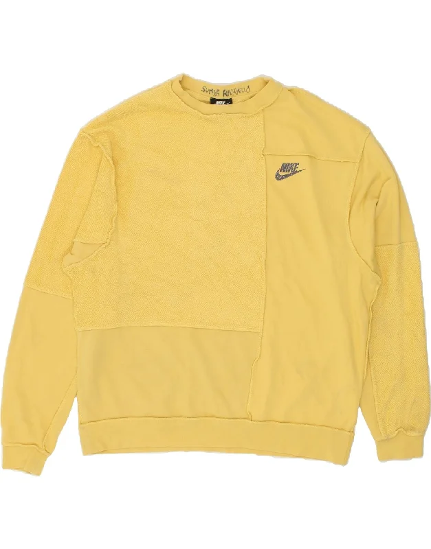 NIKE Mens Sweatshirt Jumper Medium Yellow Cotton Hoodie with Color Block Contrast Stylish