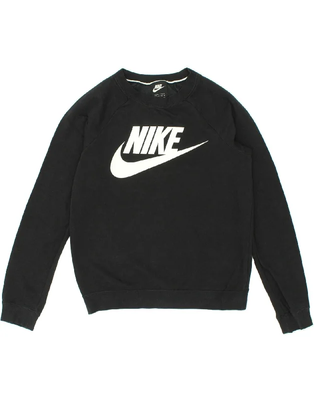 NIKE Womens Crop Graphic Sweatshirt Jumper UK 6 XS Black Cotton Hoodie with Cuffed Sleeves Snug Secure