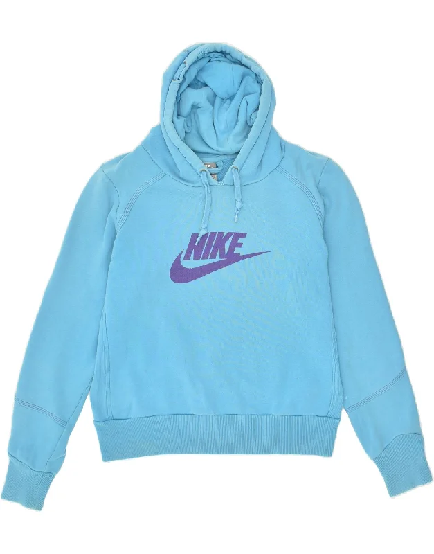 NIKE Womens Graphic Hoodie Jumper UK 10/12 Medium Blue Cotton Hoodie with Slim Fit Tailored Modern