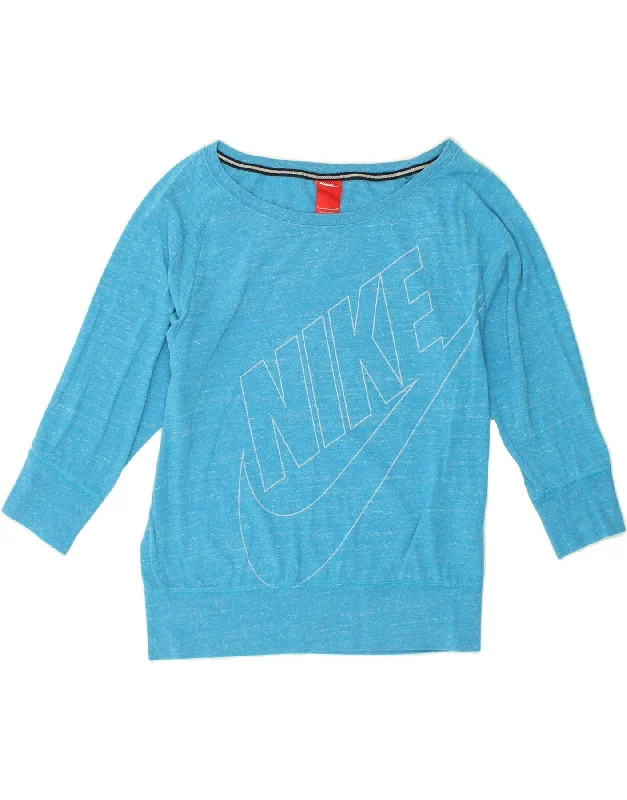 NIKE Womens Graphic Sweatshirt Jumper UK 14 Medium Blue Flecked Cotton Hoodie with Embroidery Detailed Premium