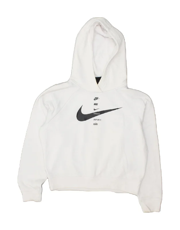 NIKE Womens Oversized Crop Graphic Hoodie Jumper UK 6 XS White Polyester Hoodie with Hem Ribbing Snug Secure