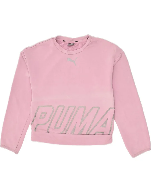 PUMA Girls Crop Graphic Sweatshirt Jumper 11-12 Years Purple Cotton Hoodie with Drop Shoulder Relaxed Streetwear