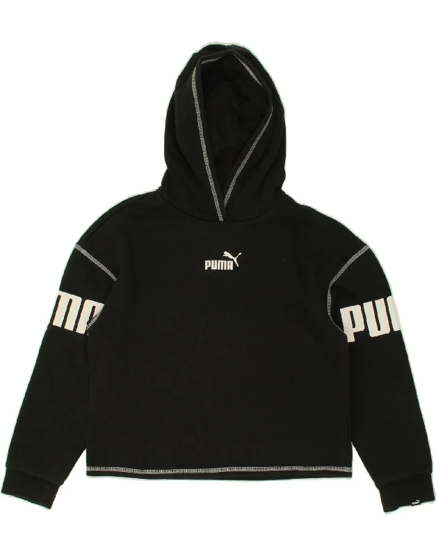 PUMA Girls Graphic Crop Hoodie Jumper 11-12 Years Black Cotton Hoodie with Neon Bright Vibrant