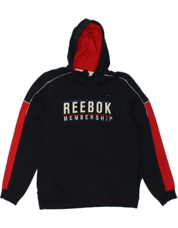 REEBOK Mens Graphic Hoodie Jumper XL Navy Blue Colourblock Cotton Hoodie with Metallic Shiny Futuristic