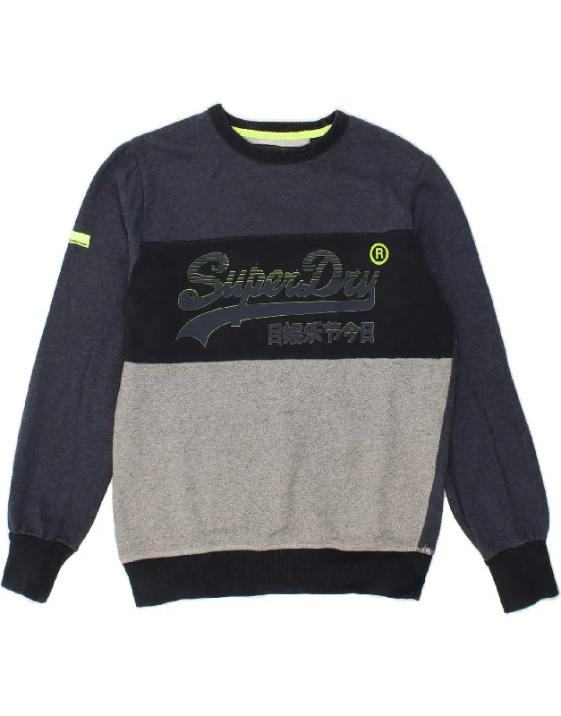 SUPERDRY Mens Graphic Sweatshirt Jumper Medium Navy Blue Colourblock Hoodie with Camouflage Military Edgy