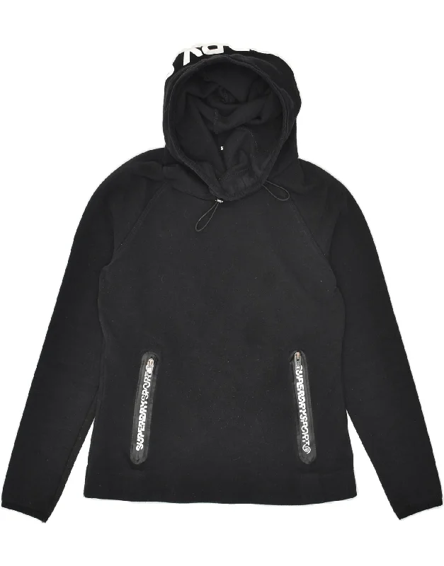 SUPERDRY Womens Graphic Hoodie Jumper UK 14 Medium Black Cotton Hoodie with Front Slit Layering Stylish