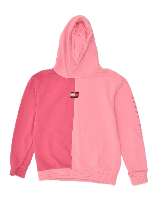 TOMMY HILFIGER Girls Graphic Hoodie Jumper 15-16 Years Pink Colourblock Hoodie with Emblem Brand Identity