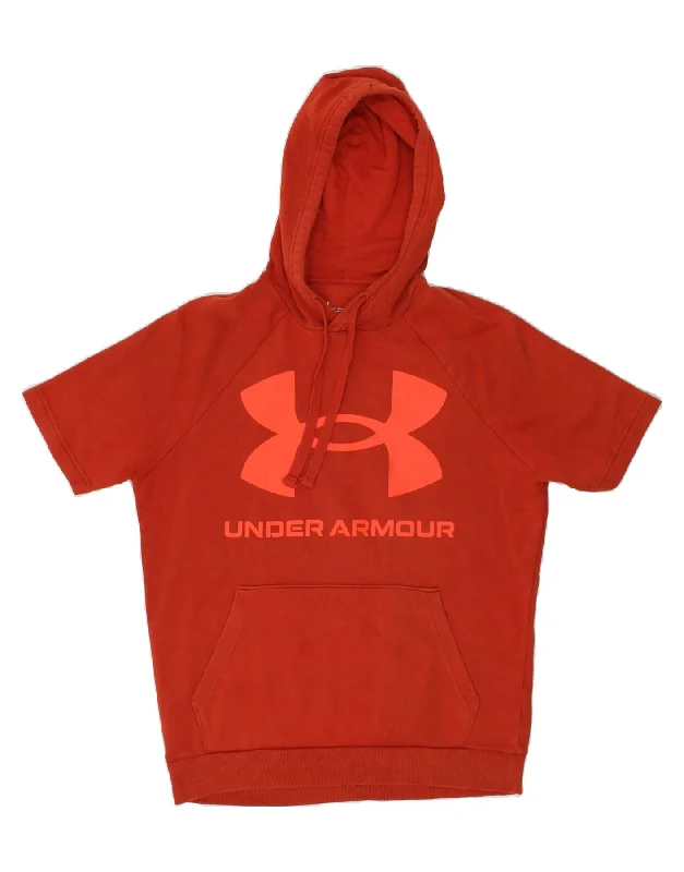 UNDER ARMOUR Mens Graphic Short Sleeve Hoodie Jumper Small Red Cotton Hoodie with Ribbed Cuffs Snug Fit Comfort