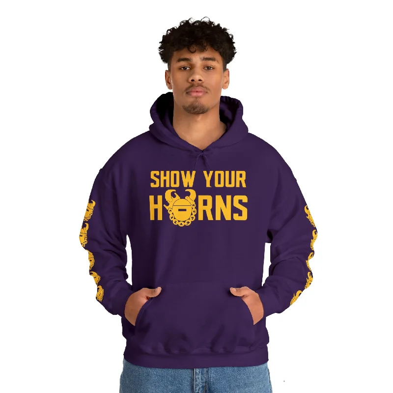 Unisex Heavy Blend™ Hooded Sweatshirt - Show Your Horns + Game Day Helmet (Sleeves) Hoodie with V-Neck Classic Versatile