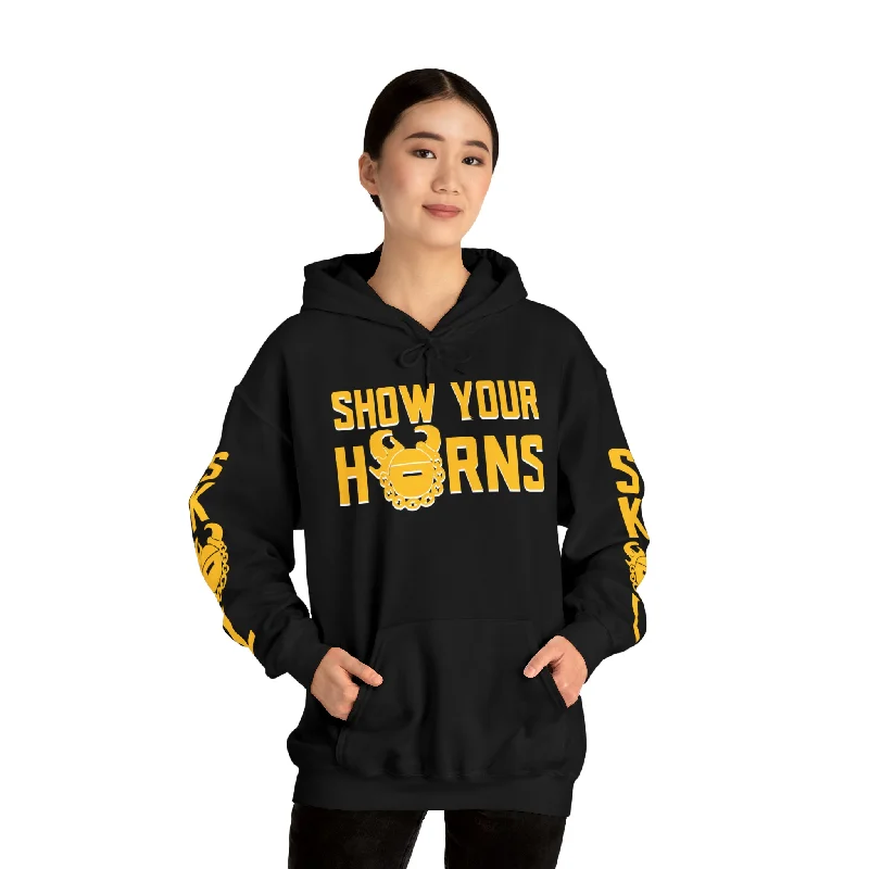 Unisex Heavy Blend™ Hooded Sweatshirt - Show Your Horns + Original (Sleeves) Cotton Hoodie Fleece Lining Warmth