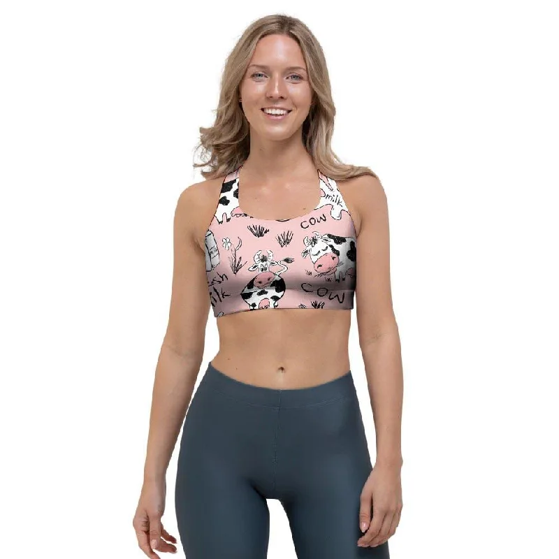 Pink Cow And Milk Print Sports Bra Stretchy Wireless Bra