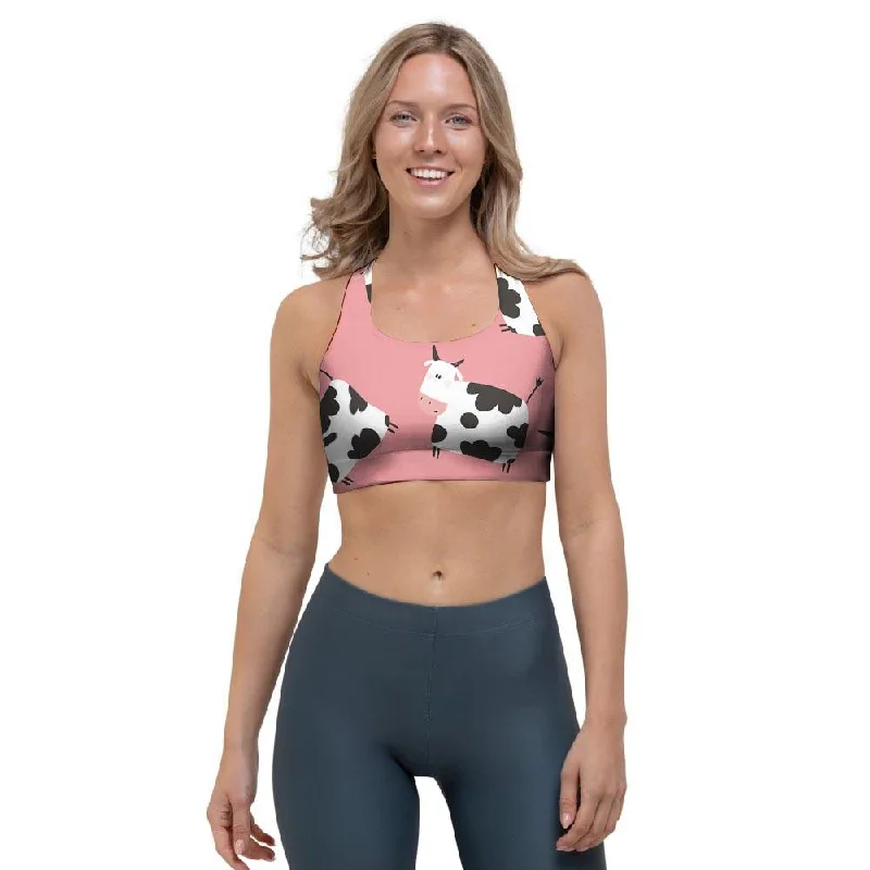 Pink Cow Pattern Print Sports Bra Sexy Mesh Bralette