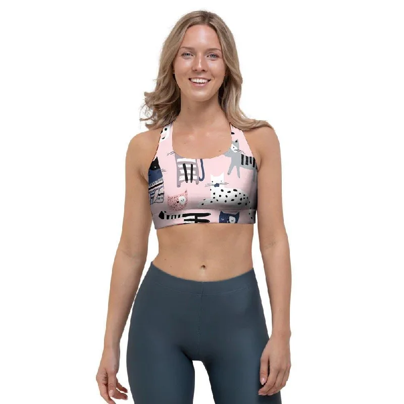 Pink Cute Cat Print Sports Bra Multi-Way Bra Design