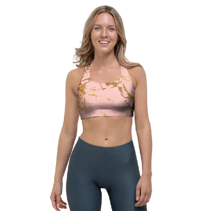 Pink Gold Marble Sports Bra Stretchy Wireless Bra