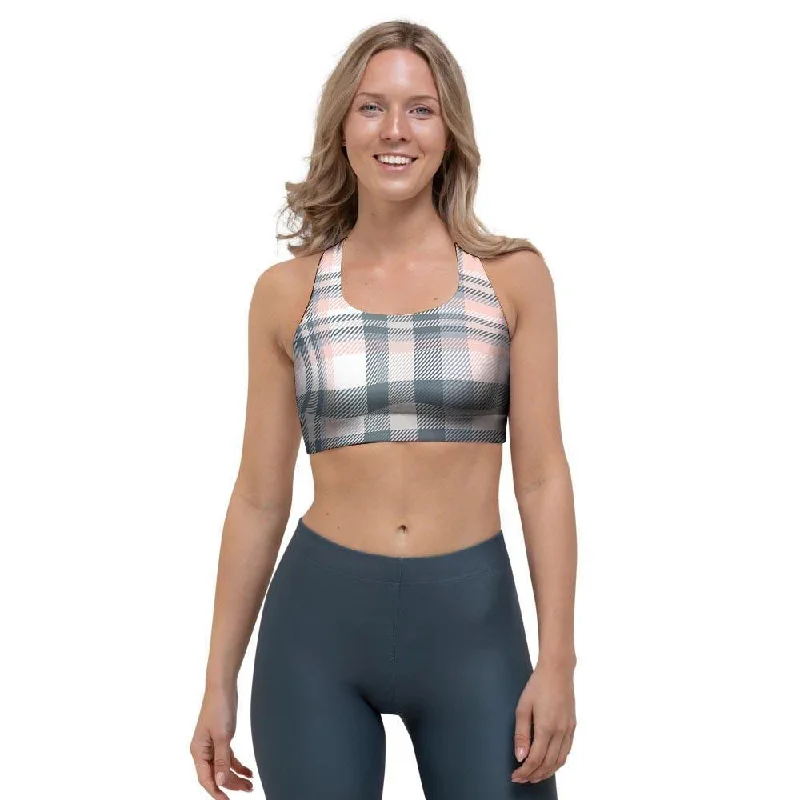 Pink Grey Plaid Tartan Sports Bra Supportive Sports Bra