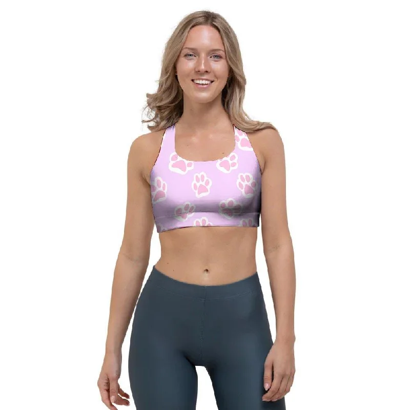 Pink Pastel Paw Sports Bra Sporty Compression Bra