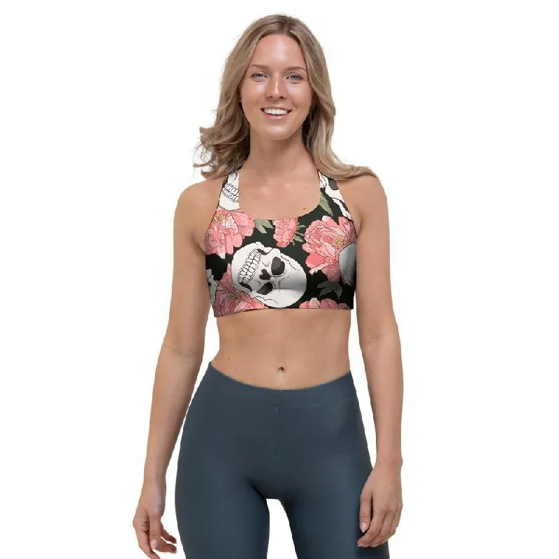 Pink Peony Skull Sports Bra Comfort Fit Bralette