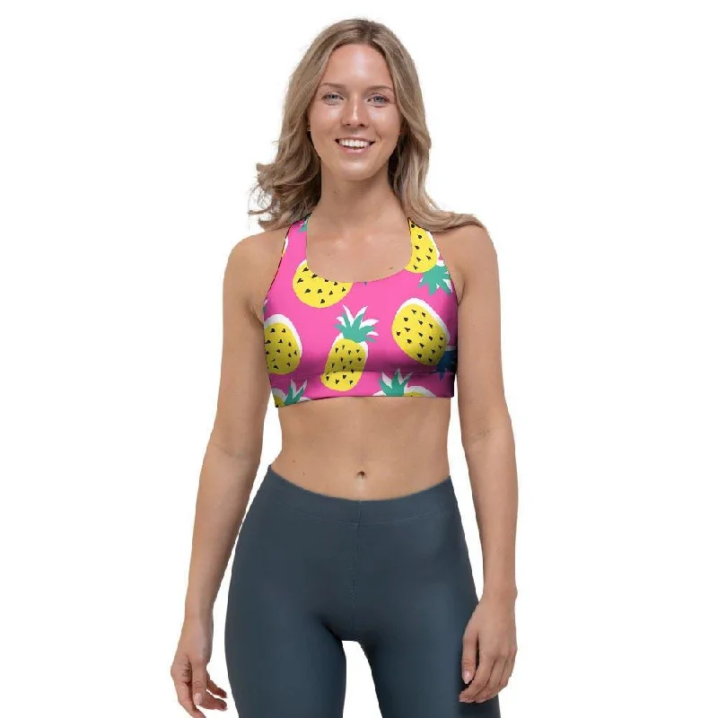 Pink Pineapple Print Sports Bra Seamless Push-Up Bra