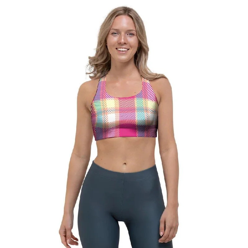 Pink Plaid Tartan Print Sports Bra High Support Sports Bra