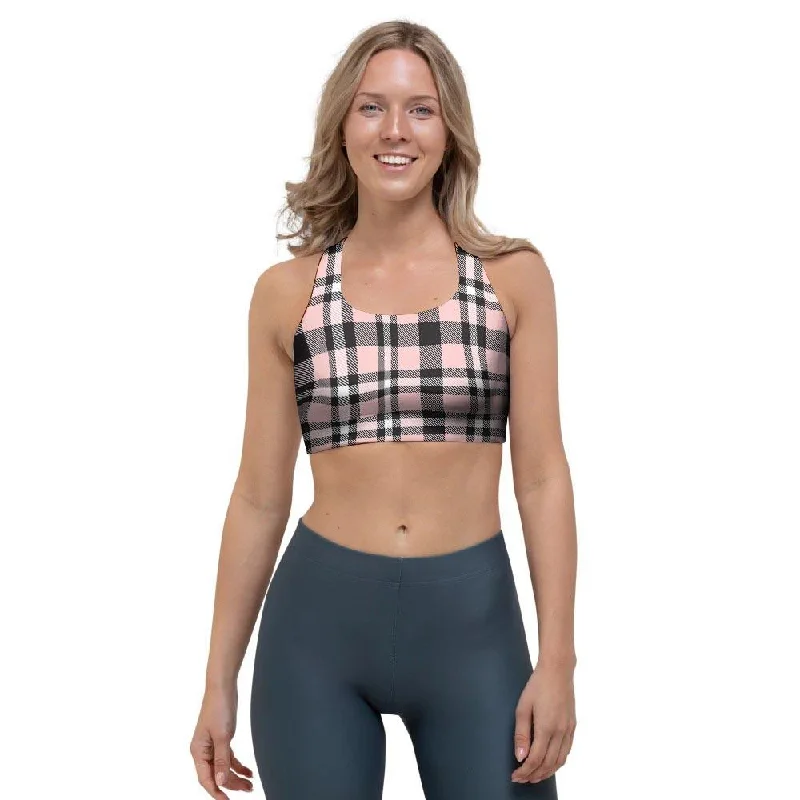 Pink Plaid Tartan Sports Bra Push-Up Bra Set