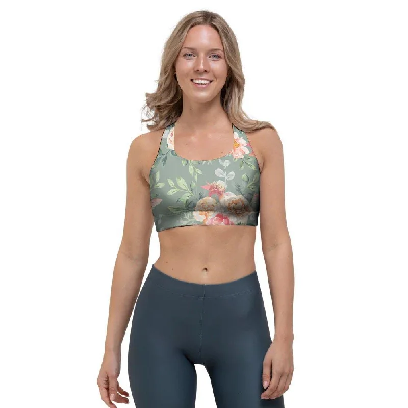 Pink Rose And Peony Floral Sports Bra Breathable Sports Bra