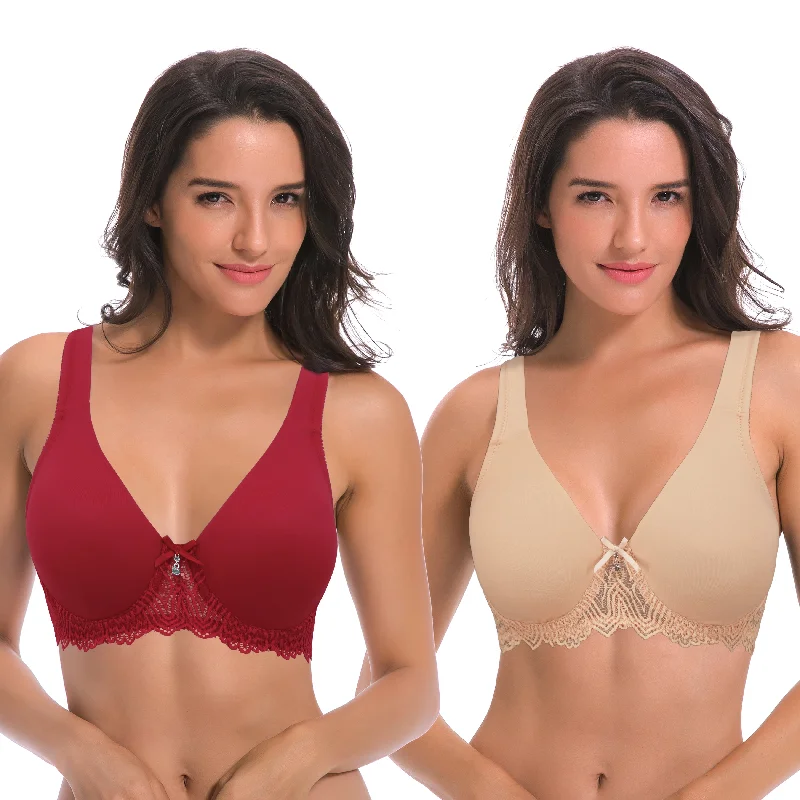 Women's Plus Size Unlined Underwire Lace Bra with Cushion Straps Full Coverage Bra